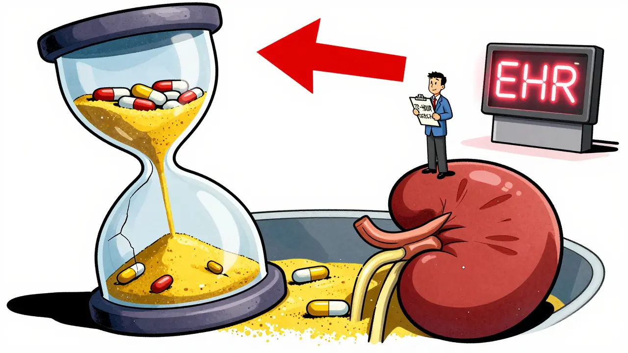 An hourglass of digoxin tablets draining into a kidney basin, with a patient holding a '72-HOUR CHECK' clipboard under a flashing alert.