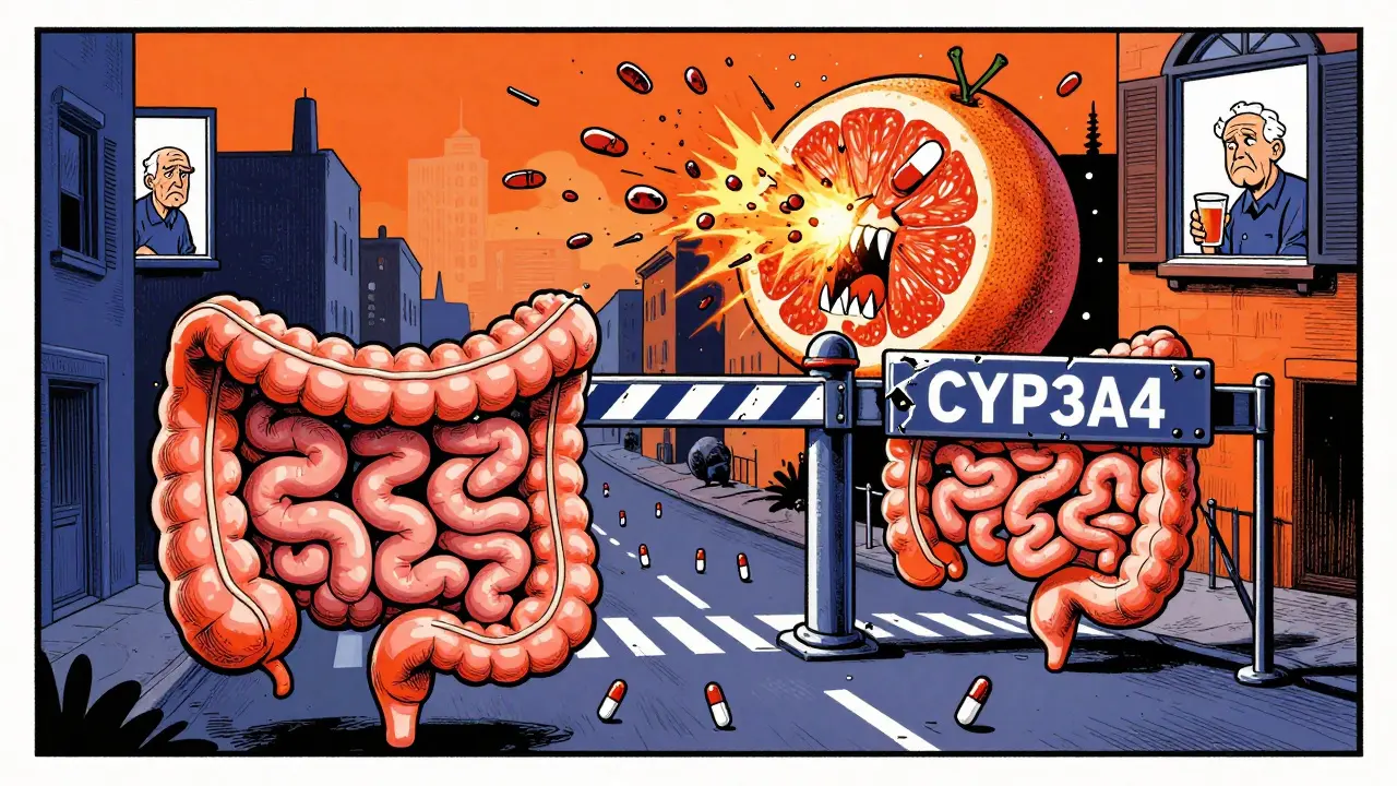 An intestine city with a broken CYP3A4 checkpoint, a giant fanged grapefruit exploding as drug molecules flood through, watched by an elderly patient.