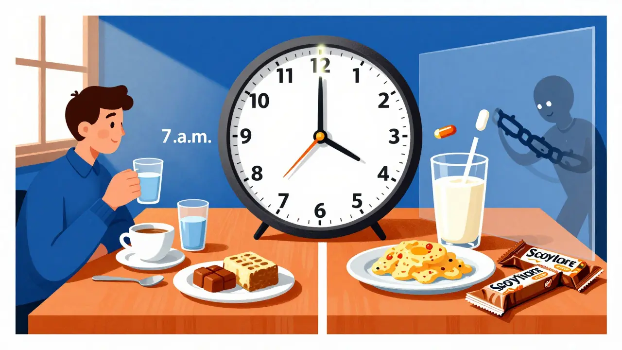 Breakfast table divided by a 3-hour gap, showing levothyroxine separated from soy foods in vibrant poster colors.
