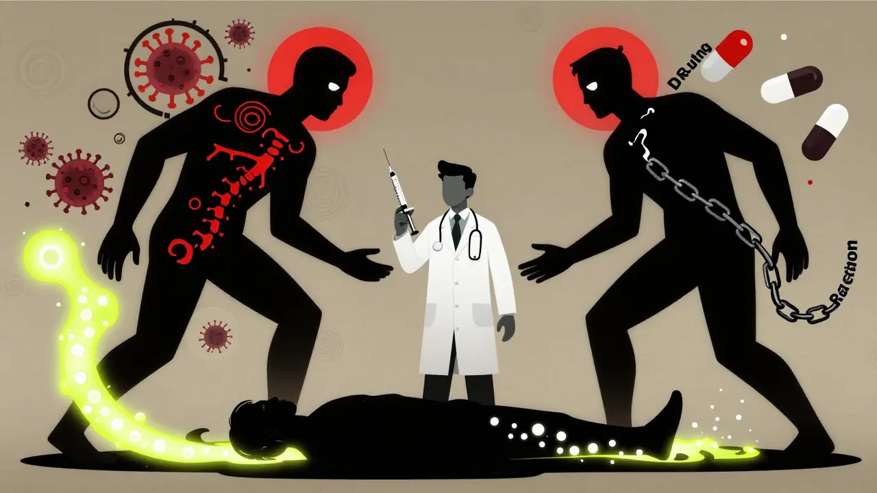 Doctor between infection and drug reaction forces, with patient below and glowing cerebrospinal fluid trail.