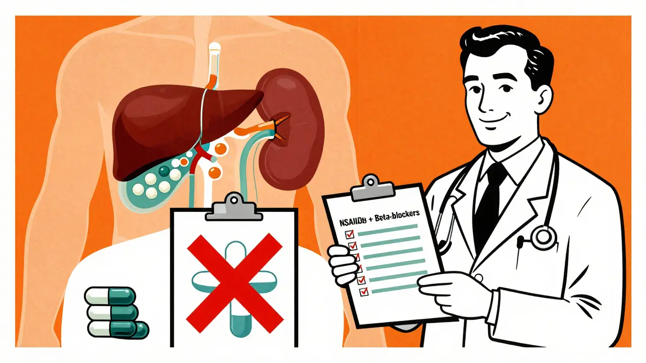 Doctor facing two contrasting medication scenarios: chaotic pile vs. clean list, with transparent organ overlay.