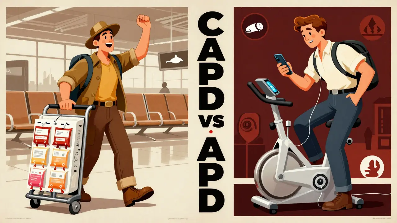 Dual comparison: traveler with dialysis bags vs. tech user with smartphone-linked cycler.