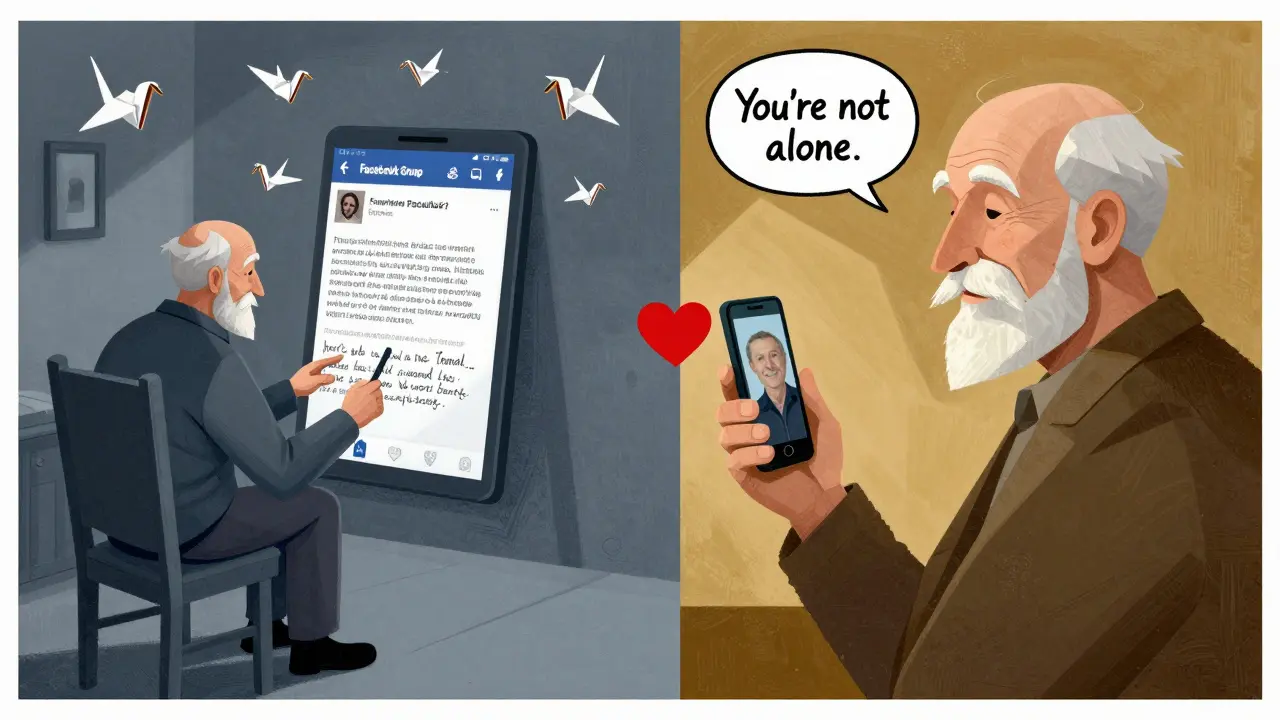 Elderly man connecting with a Parkinson’s support group through a phone screen, shown in contrasting emotional panels.