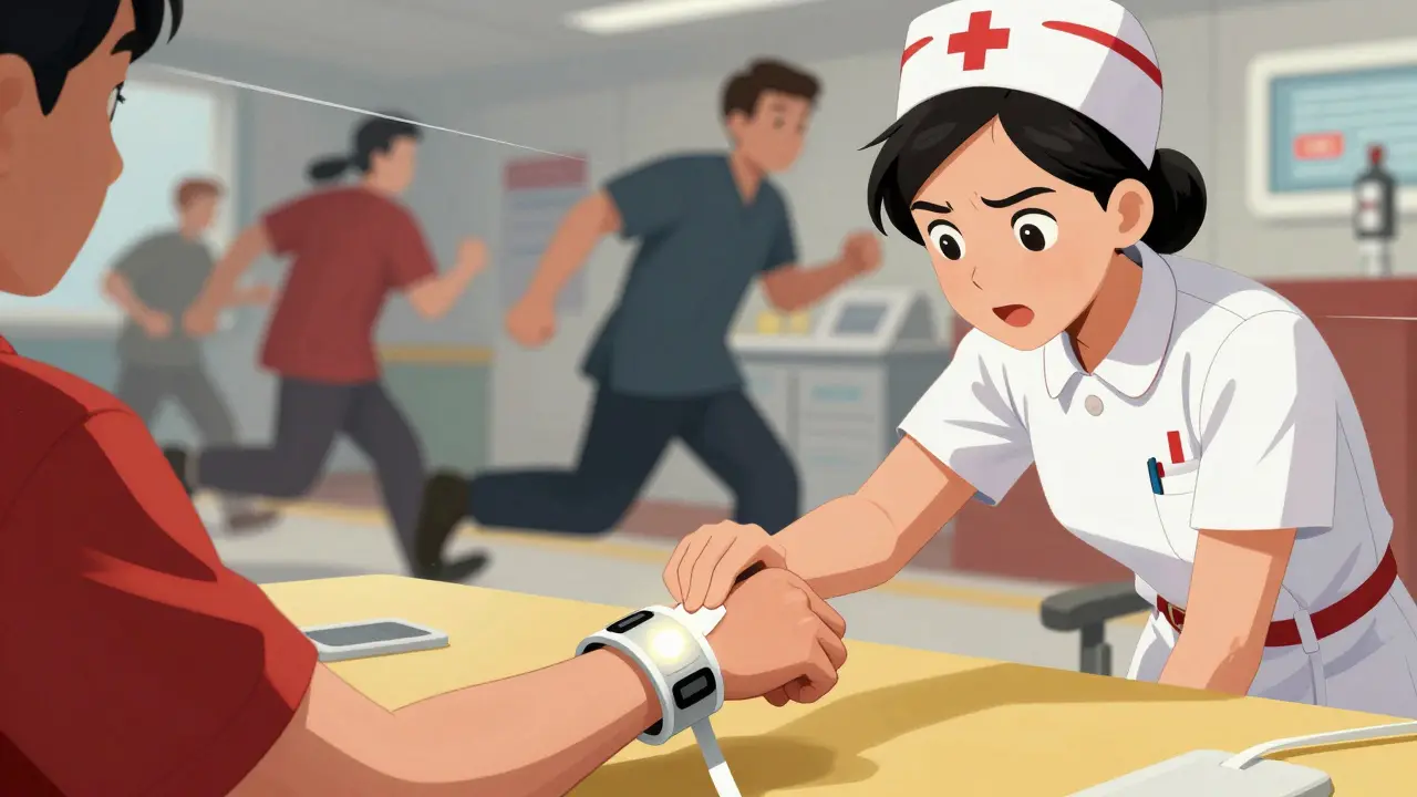 ER nurse quickly reading a medical bracelet during a hospital emergency.