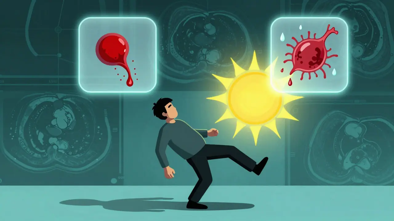 Figure collapsing with medical icons above showing clot dissolution and aneurysm burst, CT scan lines in background.