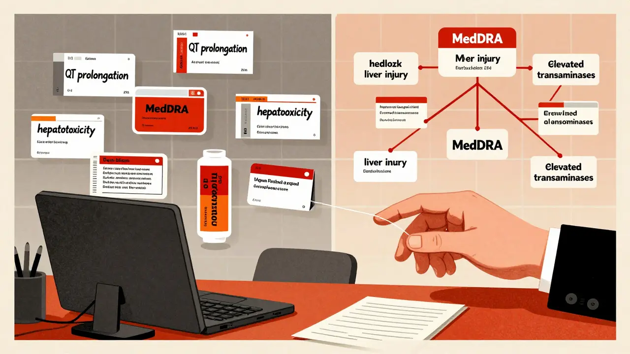 Floating drug labels connect via a MedDRA tree diagram, showing synonyms for medical terms in stylized design.