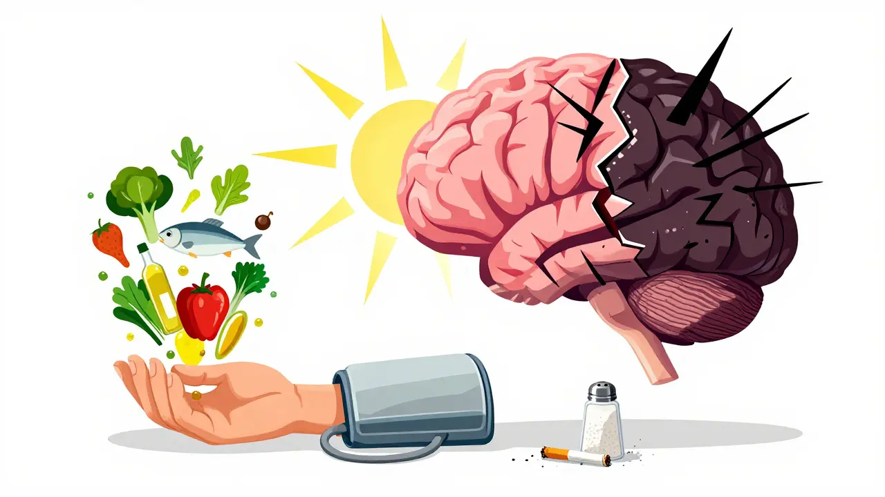 Hands holding blood pressure cuff releasing healthy foods while crushing cigarette and salt, contrasting brain halves behind.