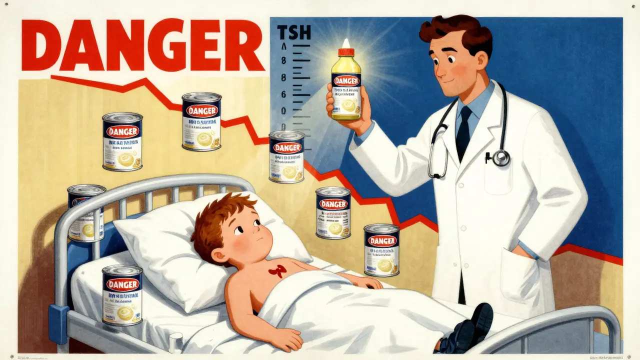 Hospital scene with infant and soy formula cans labeled 'DANGER,' contrasted with a light-filled non-soy alternative.