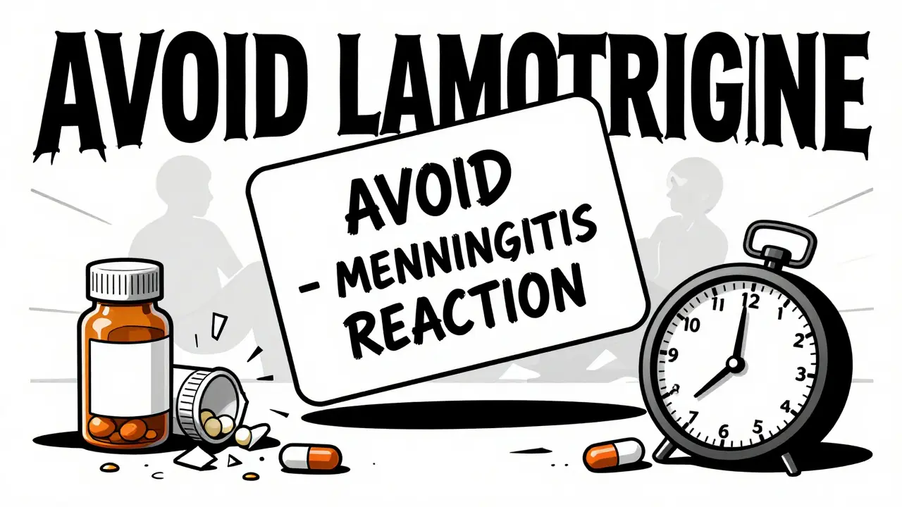 Medical alert card warning about lamotrigine, surrounded by broken pill bottles and a falling silhouette.