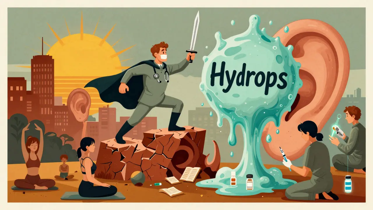 Medical hero battling fluid monster with salt sword, surrounded by patients managing Meniere’s, in Polish poster aesthetic.