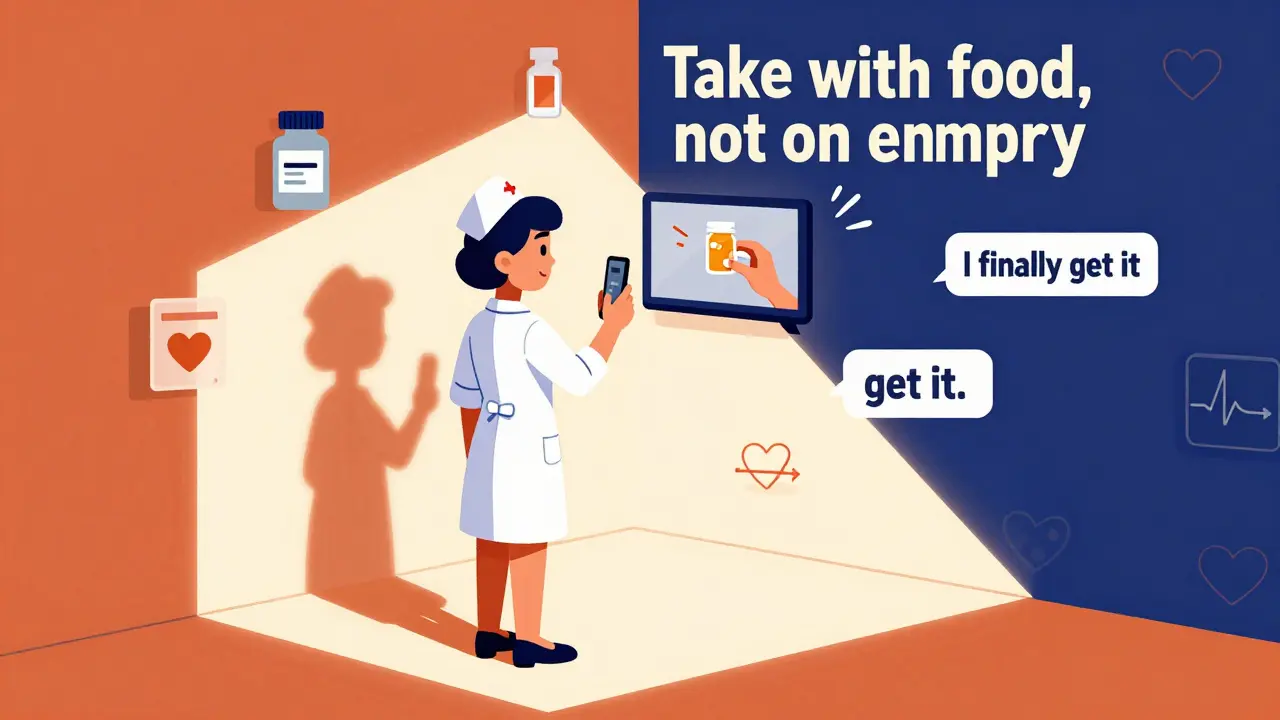Nurse filming a medication tutorial in a pharmacy, with animated educational icons surrounding her.
