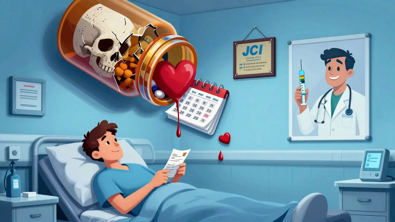 Patient holding a prescription in a sterile foreign hospital, with dangerous symbols spilling from a cracked pill bottle.