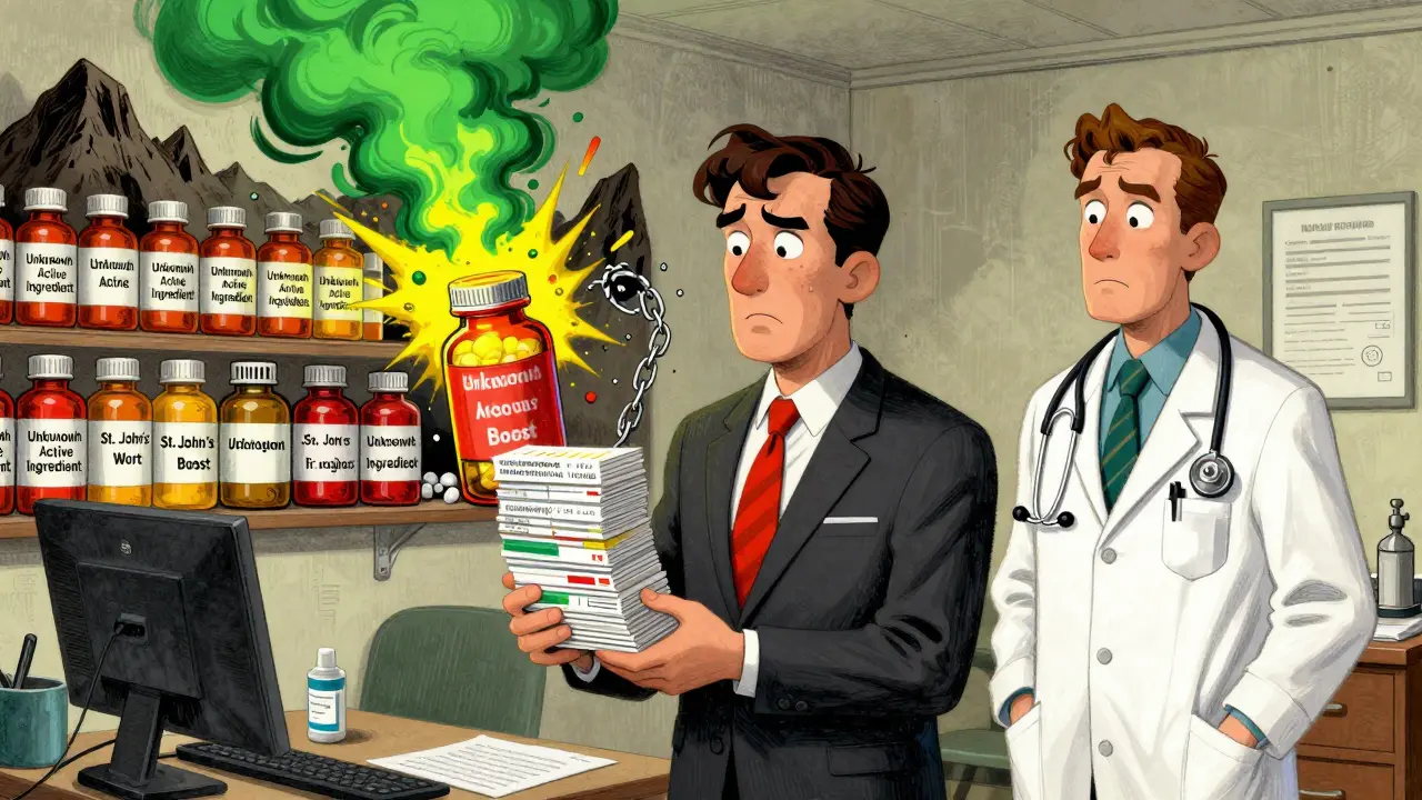 Returnee presents foreign prescriptions to a confused doctor, while toxic pill bottles tower like a looming threat.