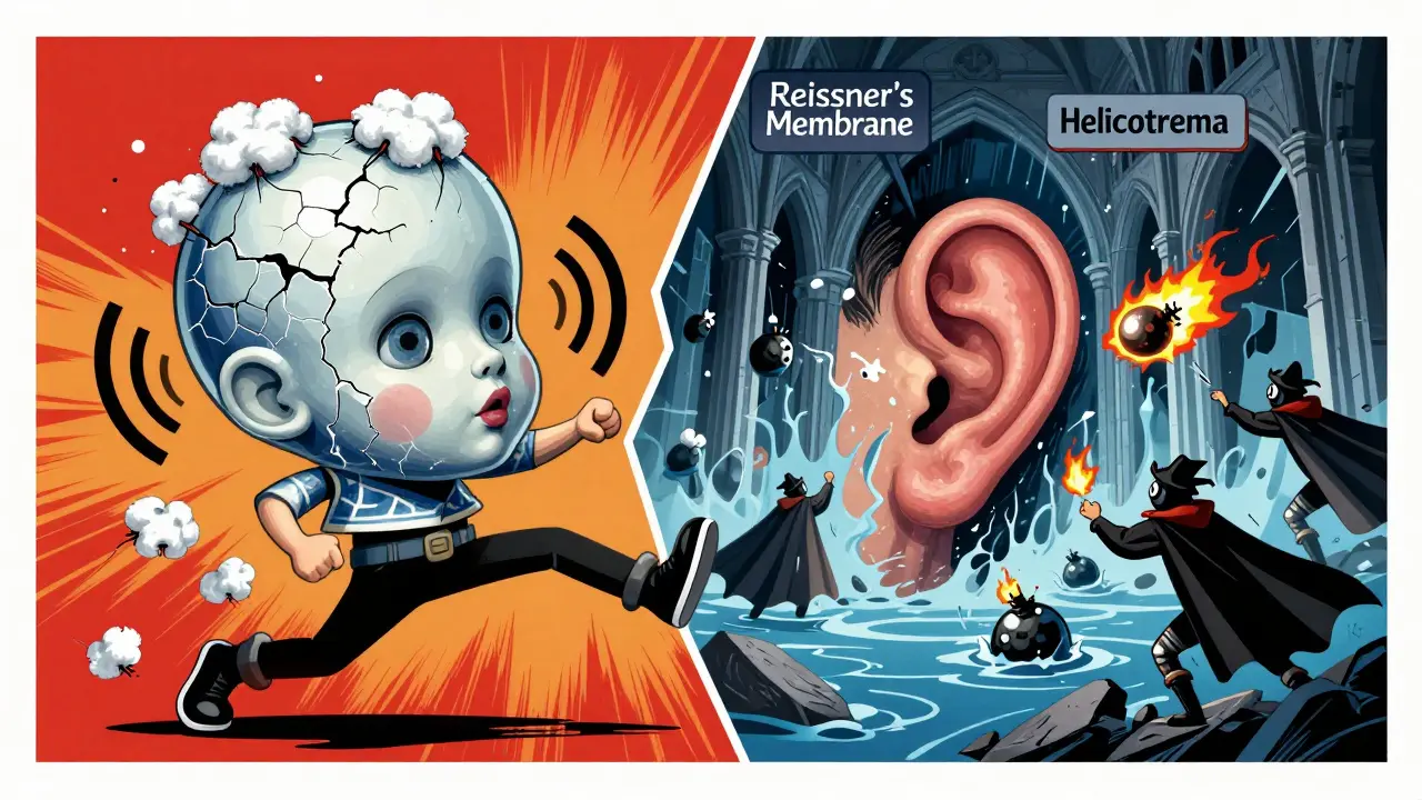 Split illustration of a person in attack and their inflamed inner ear as a stormy cathedral, rendered in bold graphic style.