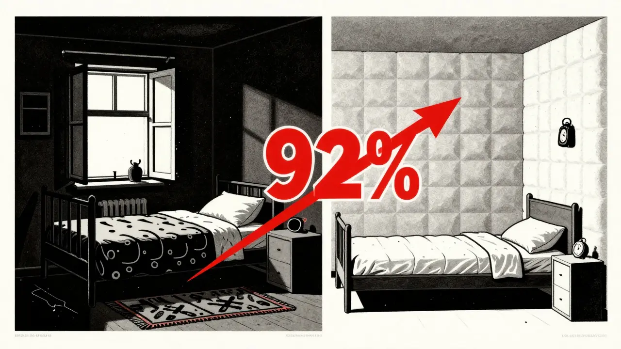 Split image comparing a dangerous bedroom to a safe one, with a bold 92% reduction arrow in Polish Poster School style.