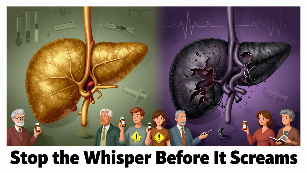 Split image of healthy vs. damaged pancreas with people holding pill bottles that become warning signs, in bold Polish Poster School illustration style.