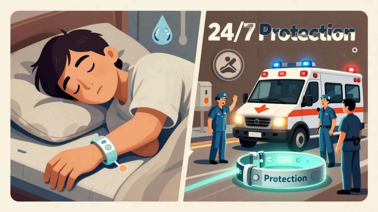 Split image showing medical bracelet worn during sleep and emergency response.