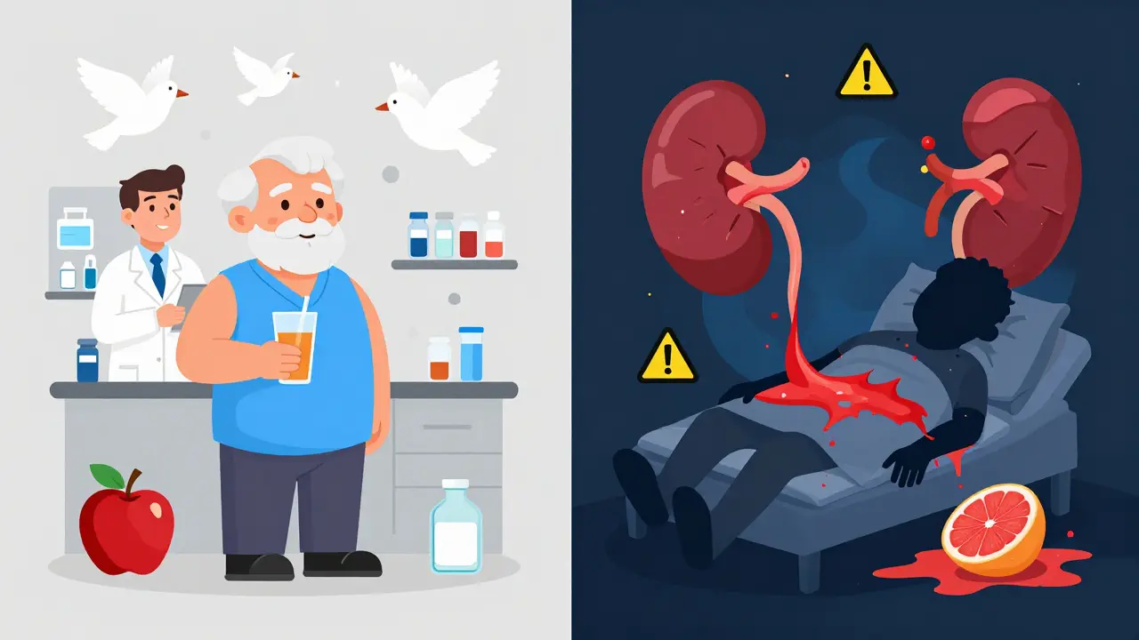 Split scene: a healthy senior with apple juice and safe meds vs. a collapsed figure surrounded by warning symbols and a ruptured grapefruit.