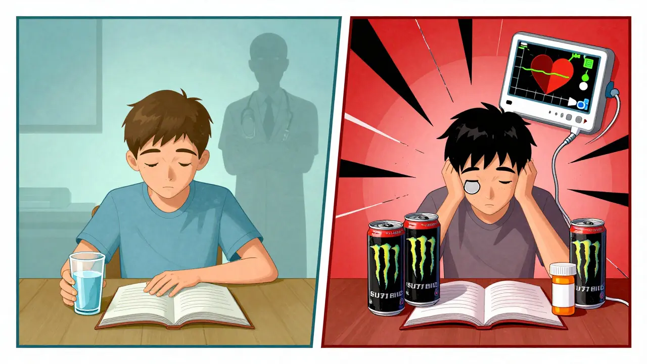Split scene: calm study side vs chaotic energy drink and heart monitor side, with a cardiologist watching silently.