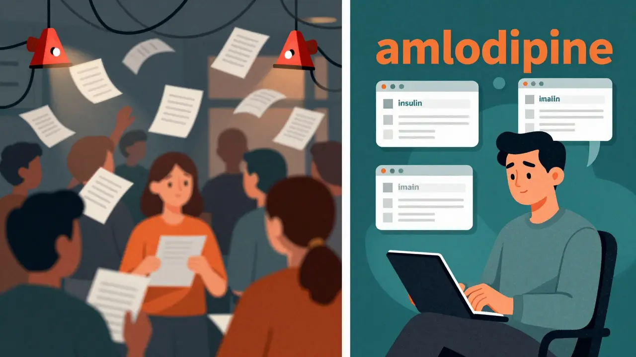 Split scene: overwhelmed crowd vs. calm person with clean FDA alert emails and keywords.