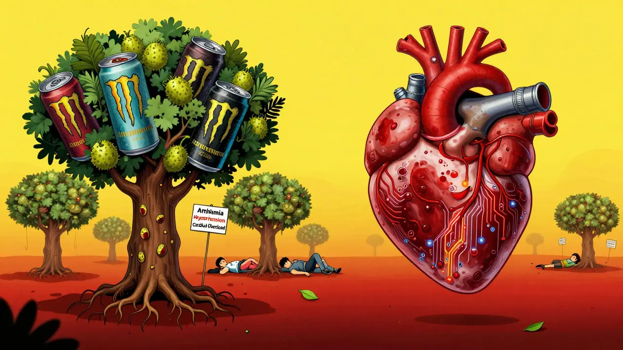 Toxic energy drink trees feeding a circuit-like heart, with warning signs and collapsing youth under a crimson sky.