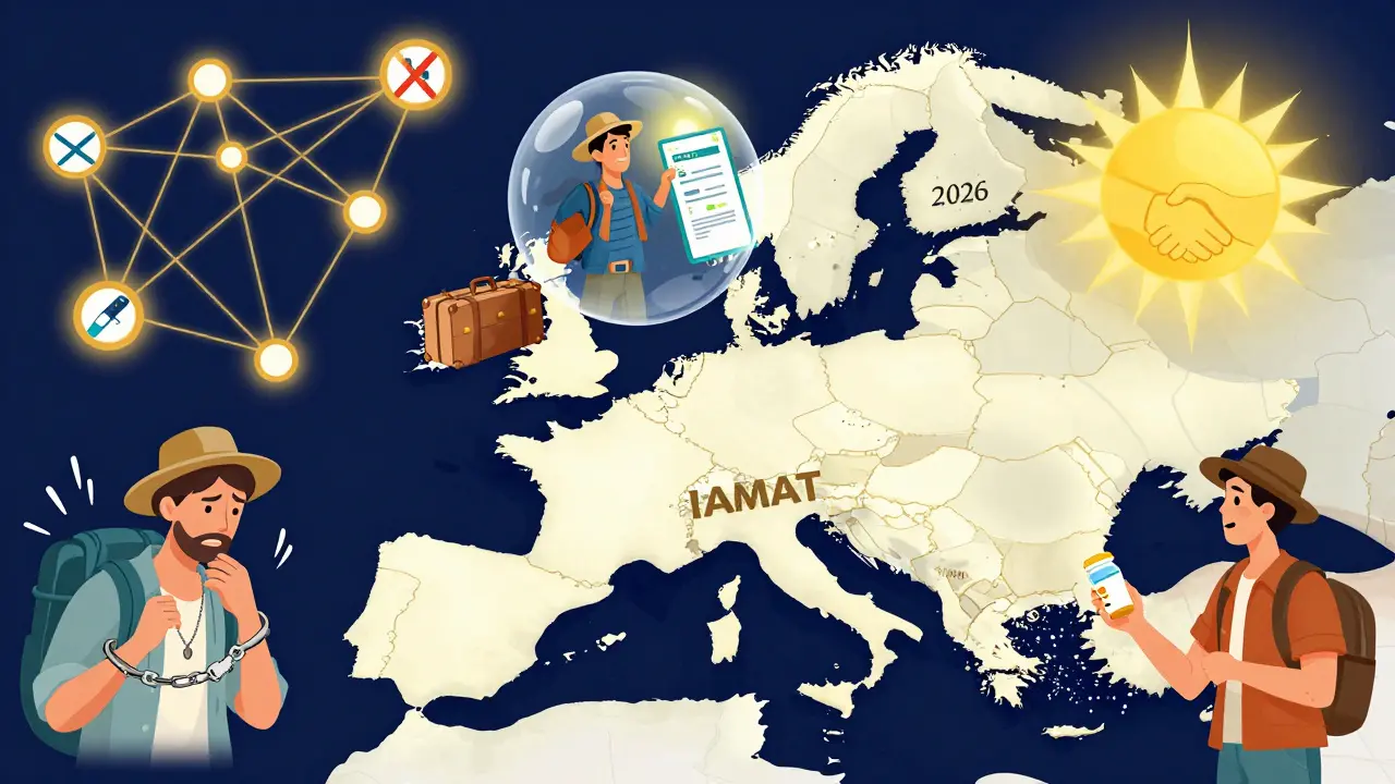 Traveler floating above Europe with glowing e-prescription, EU pharmacy network connecting countries