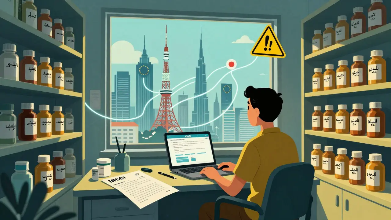 Traveler in foreign clinic with international pill bottles and INCB website on screen