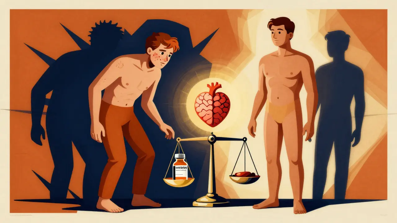 Two figures contrast acne-stricken despair with clear-skin relief, balanced by a scale of medication and mental health symbols.