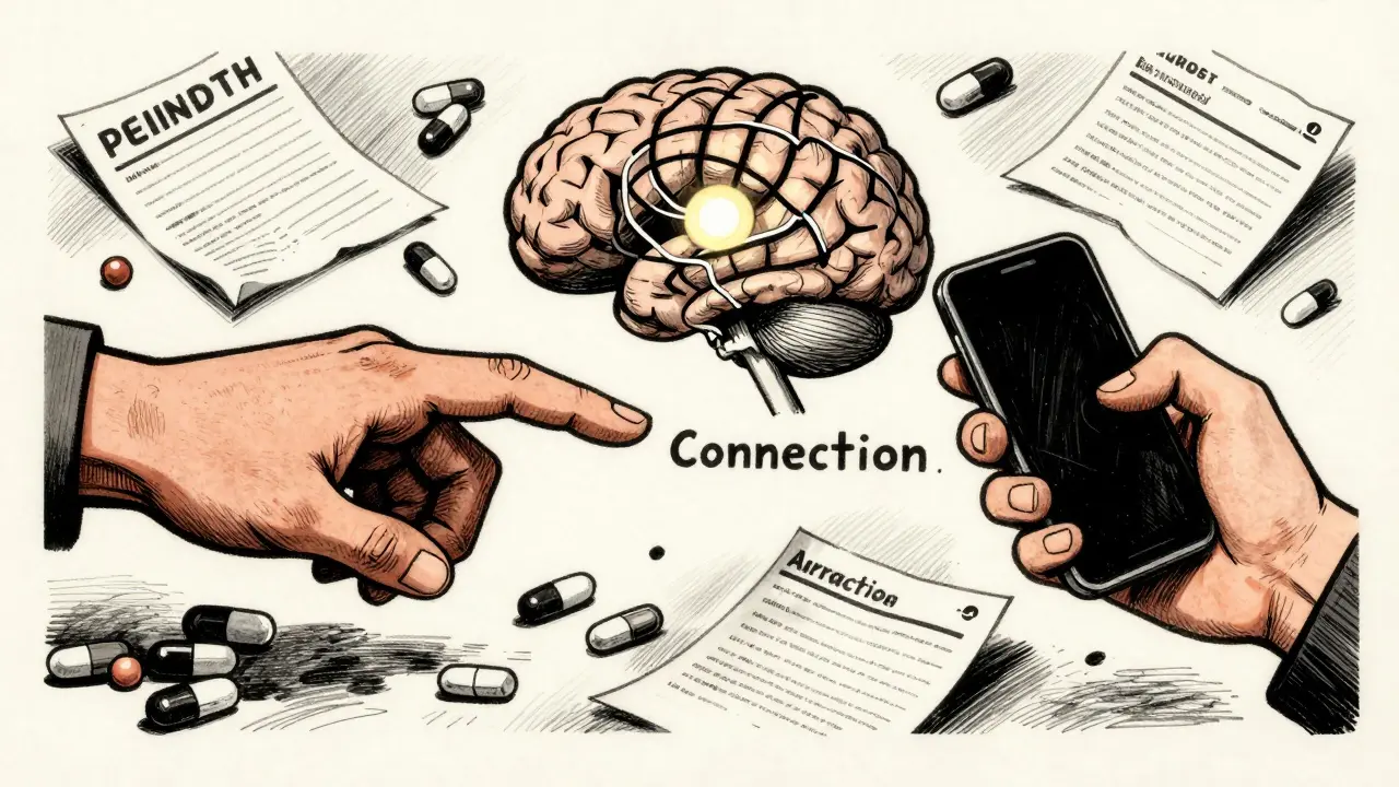 Two hands reaching across scattered pills and appointment slips, with a brain illustrated as a wire maze and one glowing node labeled 'Connection'.