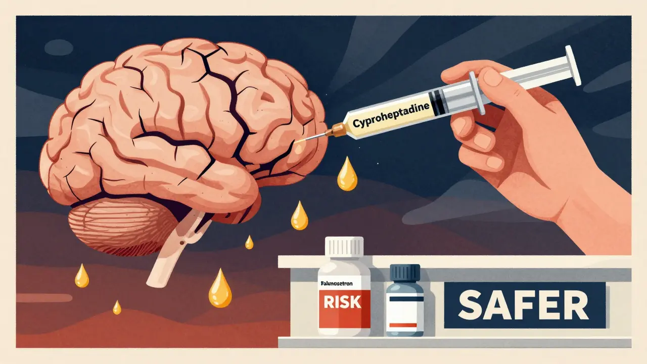A brain with leaking serotonin droplets, rescued by a beam of light and labeled safer drug icons in abstract, poster-style art.