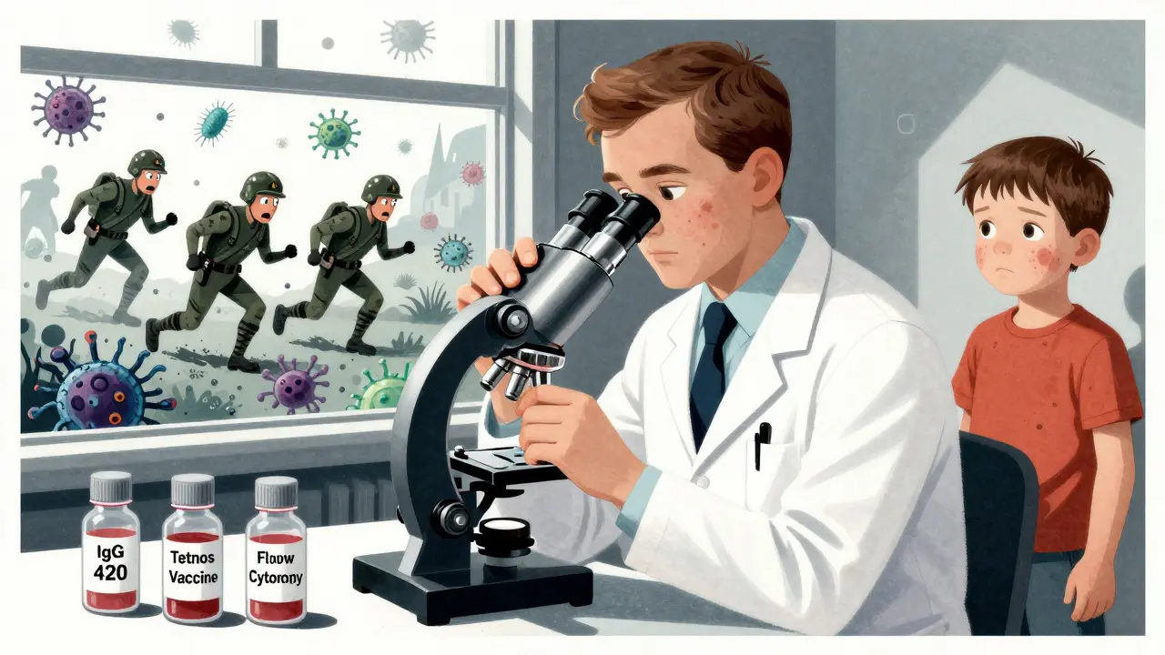 A doctor examining a microscope revealing fleeing immune cells, with labeled vials and a child showing physical signs of immunodeficiency.
