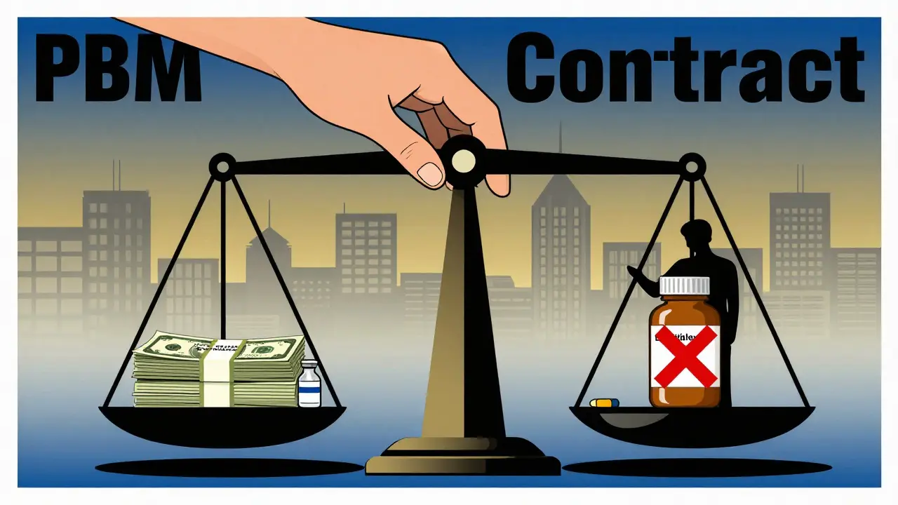 A giant scale balances Medicaid savings against a patient's access to a critical medication, with a bureaucratic hand adjusting the weights.