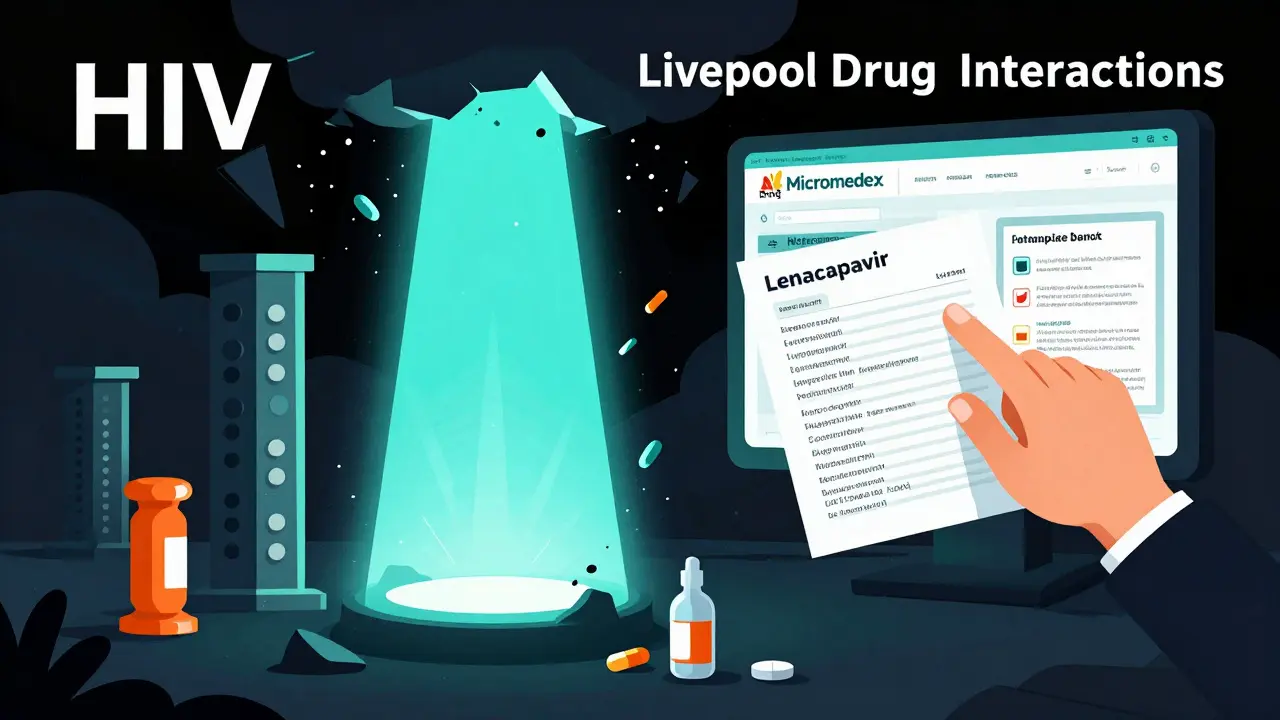 A glowing HIV interaction website as a beacon amid collapsing databases, with modern HIV drugs standing strong in a symbolic poster composition.