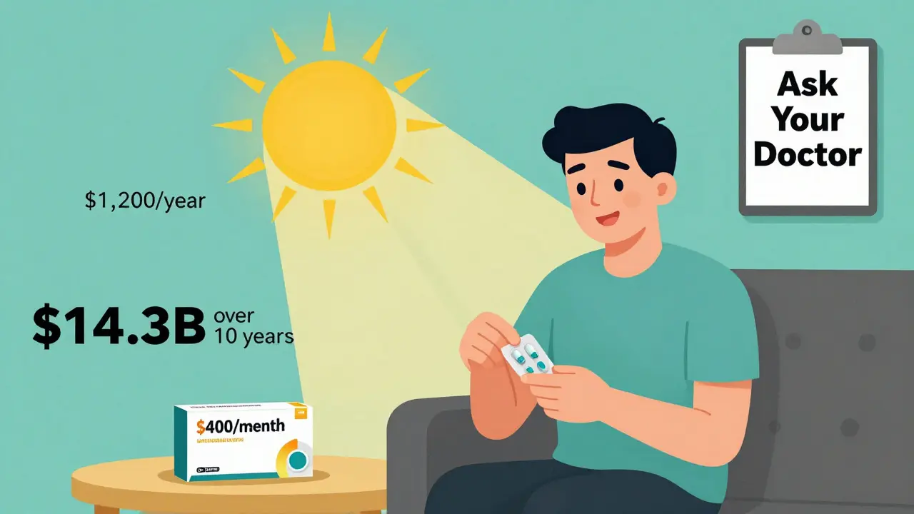 A patient smiles beside two generic pills in a blister pack, with savings amounts glowing in the background.