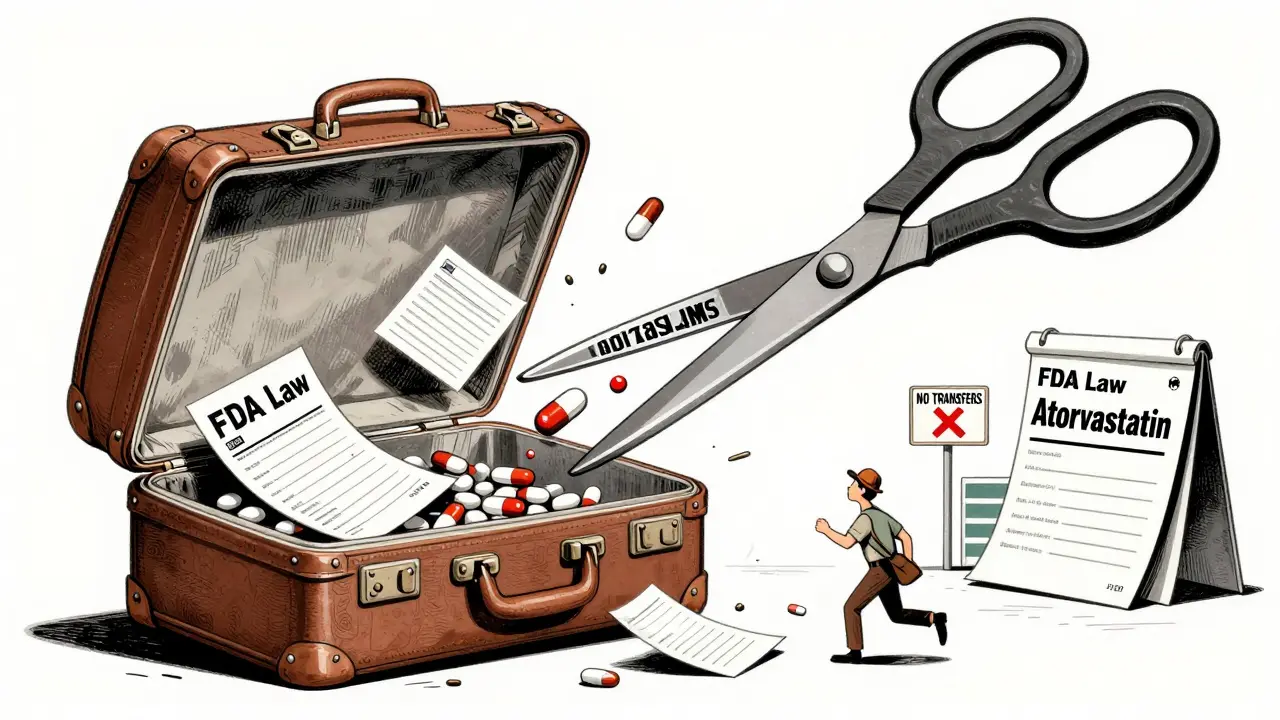 A suitcase mid-air spilling pills as a giant scissors labeled 'FDA Law' cuts one in half.