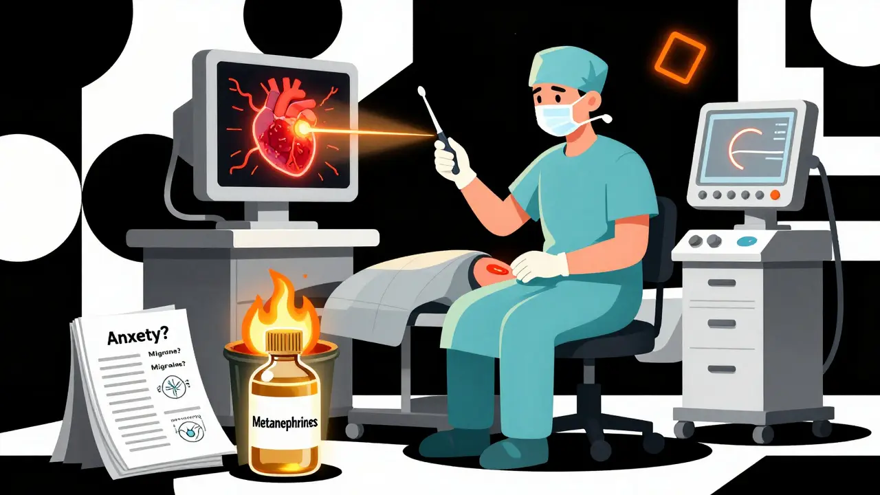 A surgeon preparing for tumor removal, with discarded misdiagnoses burning and a glowing urine sample labeled 'Metanephrines' shining in the background.
