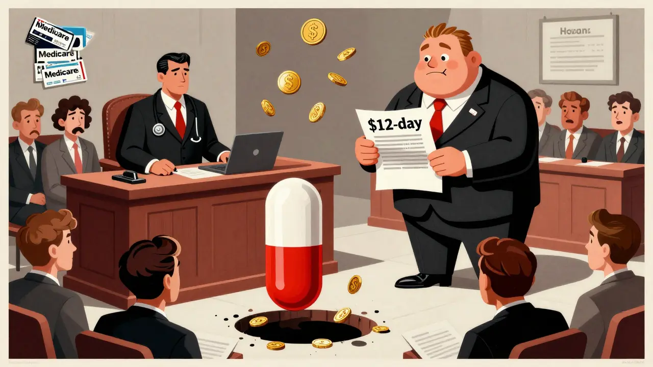 A surreal courtroom where a bloated combo pill prosecutes a humble generic pill, with Medicare cards as jury.