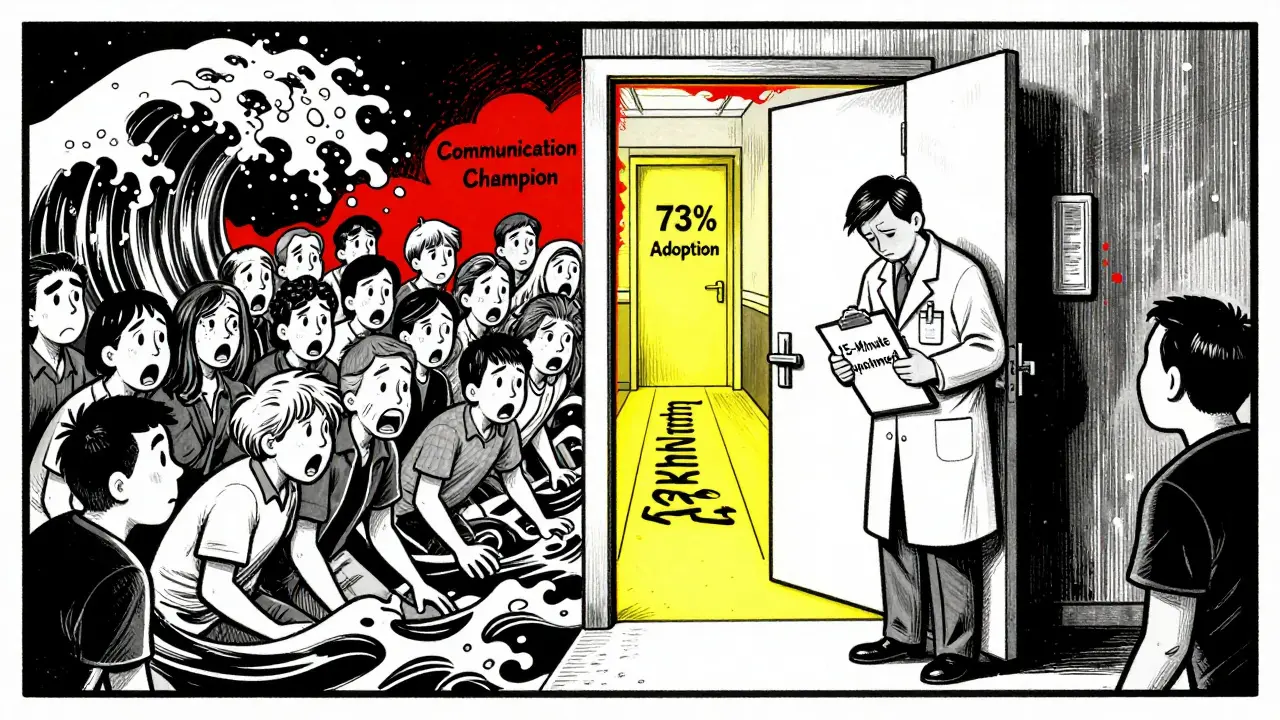 A tired clinician faces a wave of anxious patients, with a glowing path to better communication ahead.