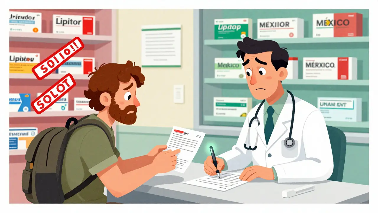 A traveler at a foreign clinic receiving a new prescription while seeing different drug availability behind a window.