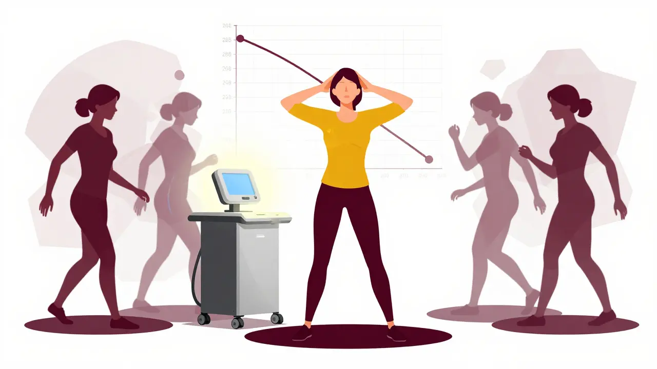 A woman performing balance exercises with ghostly dizziness figures around her, a device emitting pulses in the background, symbolizing recovery.