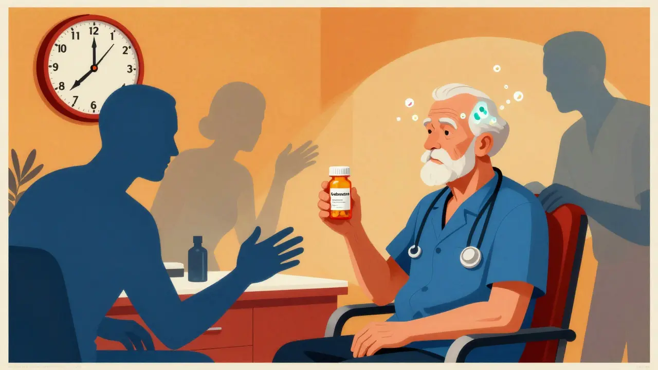 An elderly patient surrounded by shadowy medication figures in a geometric doctor's office.