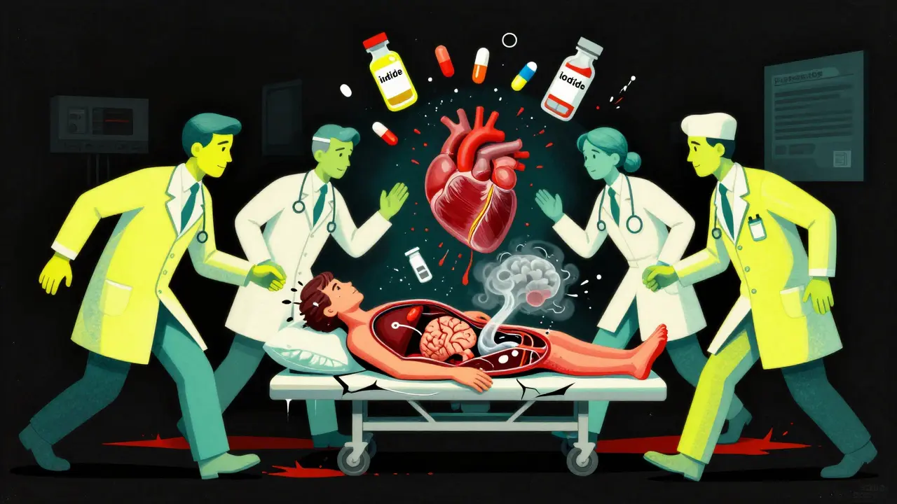 An ICU scene with medical staff treating a patient whose internal organs are visibly in chaos, surrounded by floating life-saving drugs.