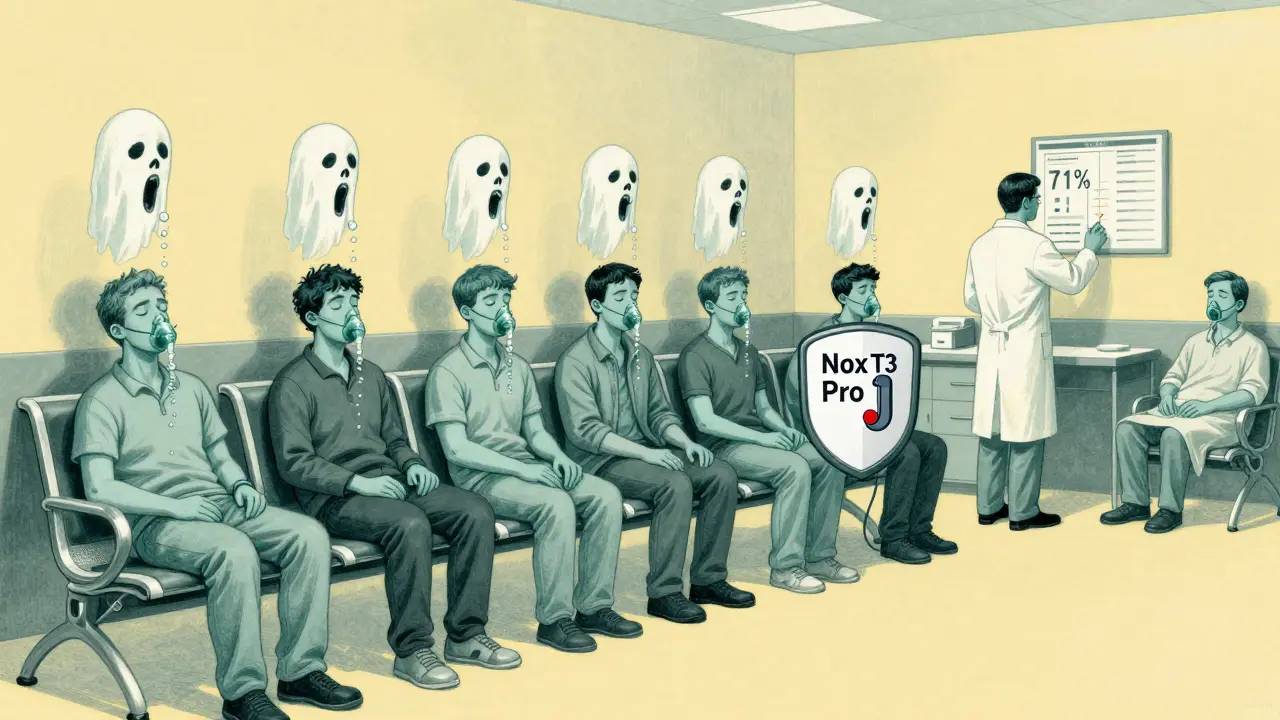 Clinic waiting room where each person has a ghostly sleep version above them, oxygen bubbles draining away, one holds a home sleep test device.