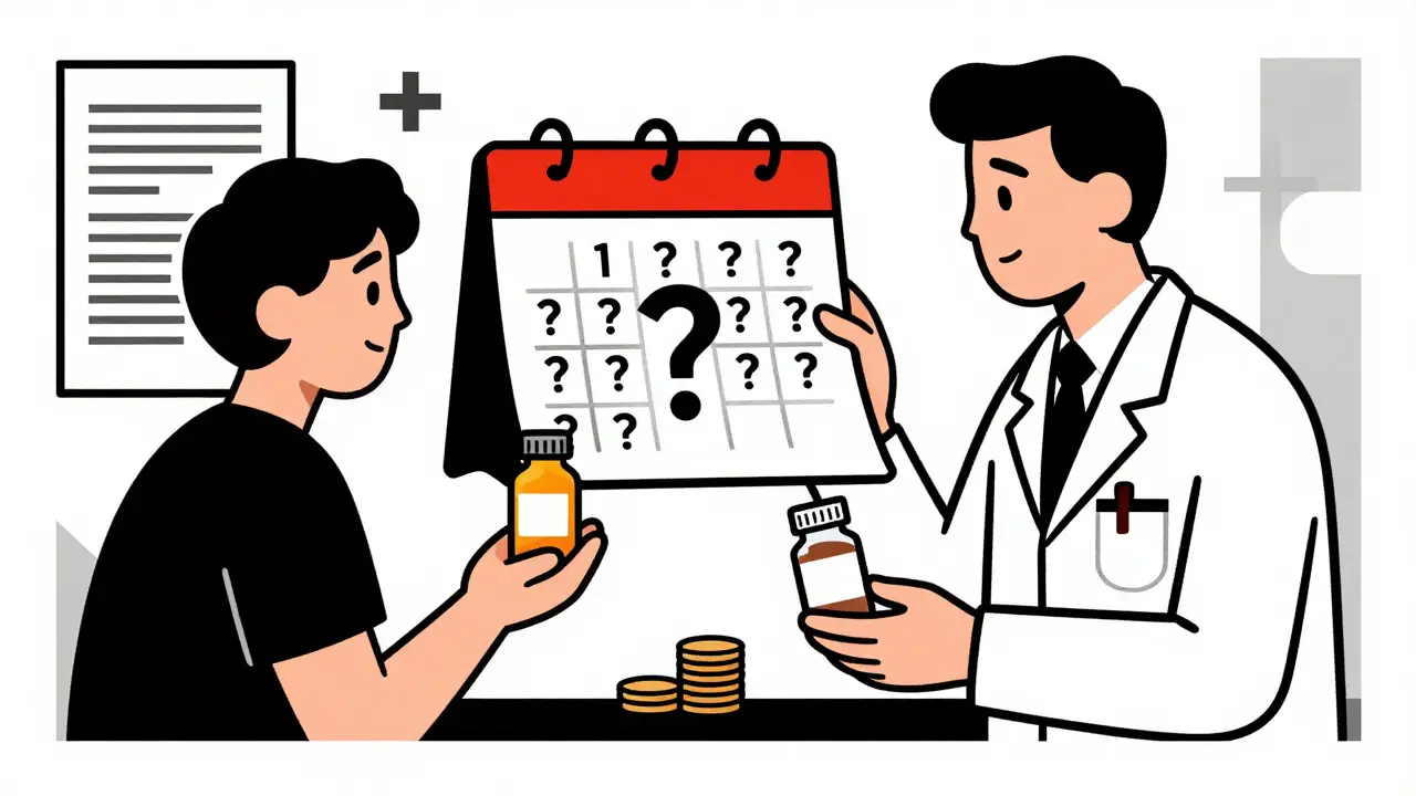 Doctor examining question-marked calendar while patient holds generic pill bottle.