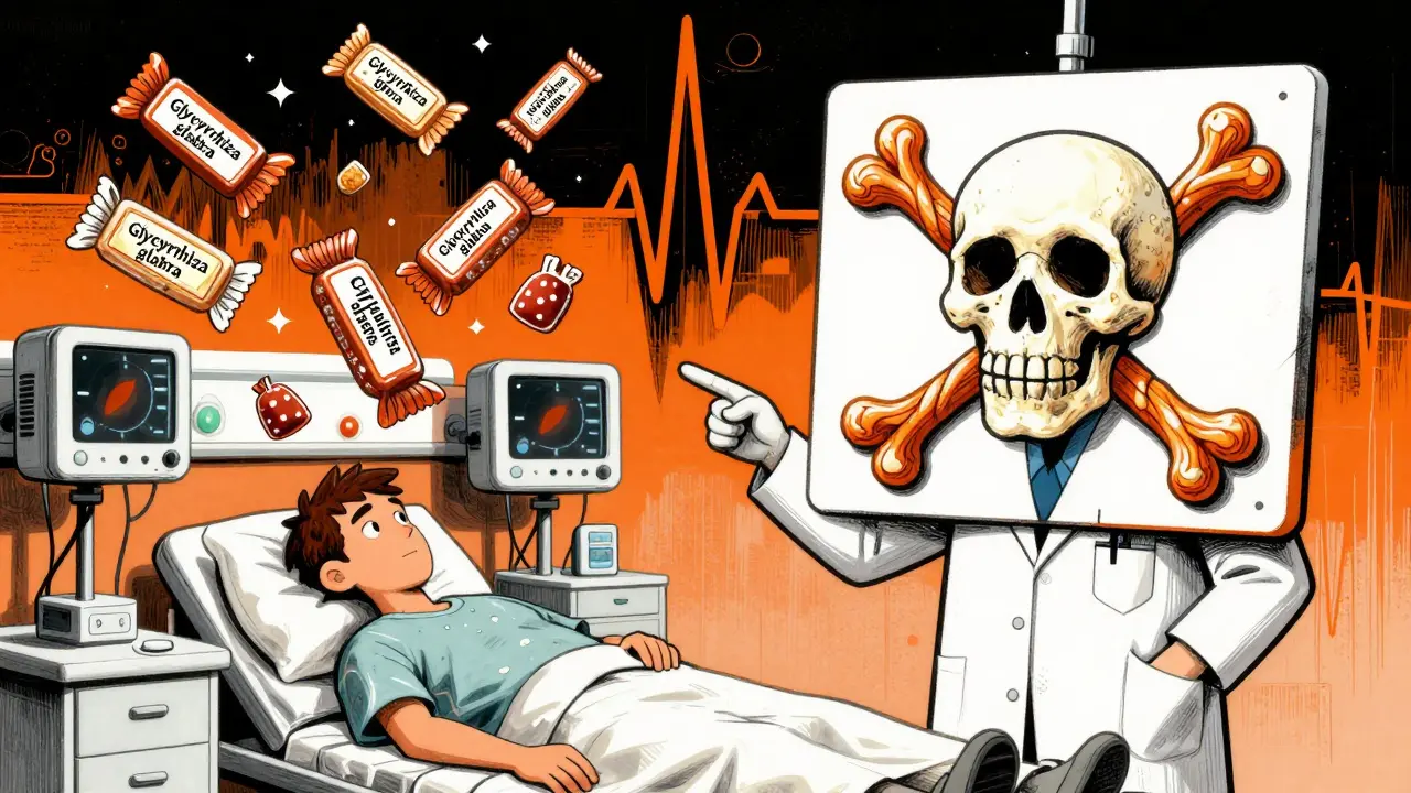 Emergency room scene with licorice candy and labels causing a blood pressure spike, illustrated in bold poster style.