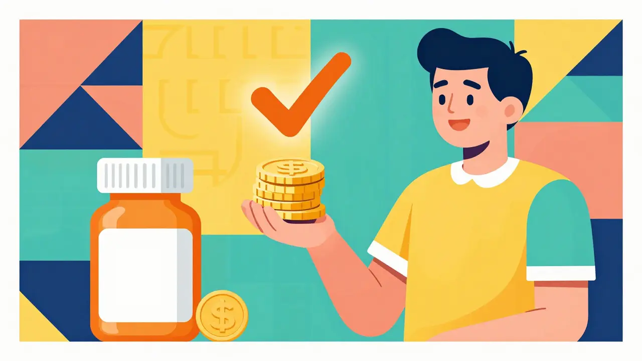 Person smiling with small coin stack and checkmark symbol for savings.