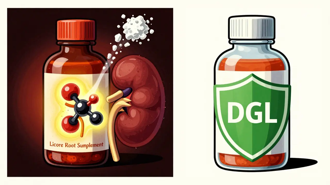 Side-by-side comparison: harmful licorice supplement draining potassium vs. safe DGL supplement protecting the kidney.