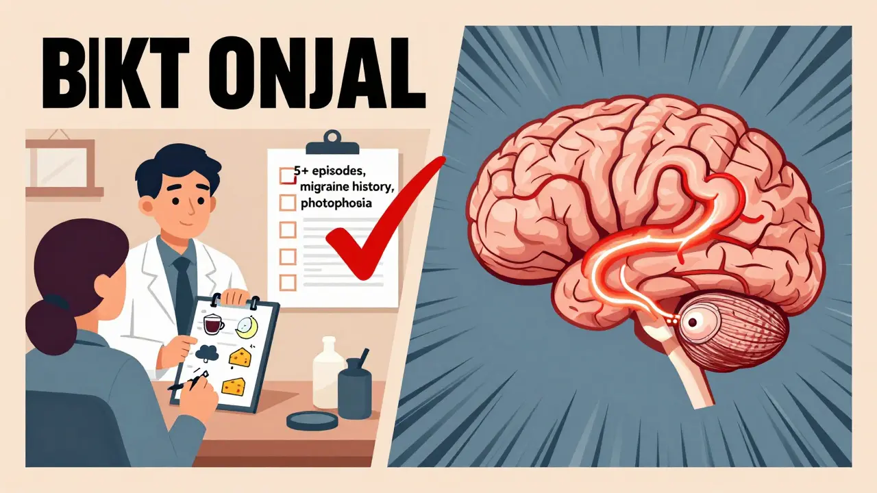 Split illustration of a patient with a symptom diary and a glowing brain connecting to an inner ear, representing vestibular migraine diagnosis.