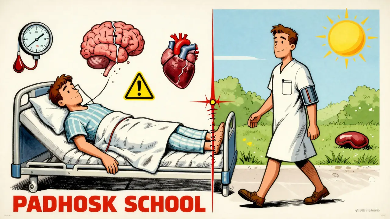 Split image: left shows a patient in crisis with medical warning symbols, right shows the same person healthy and calm after surgery, divided by a surgical line.