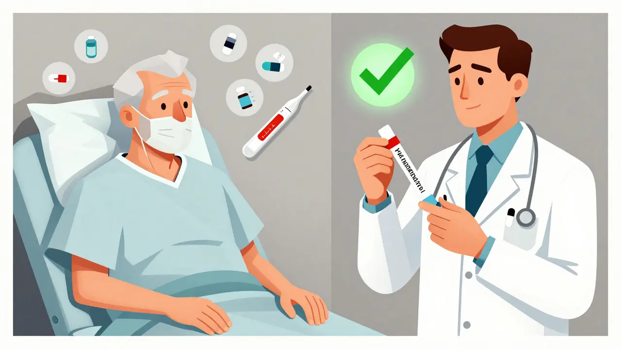 Split image: one side shows an elderly man with high fever and multiple drugs, the other shows a doctor offering a safer alternative with a green checkmark.